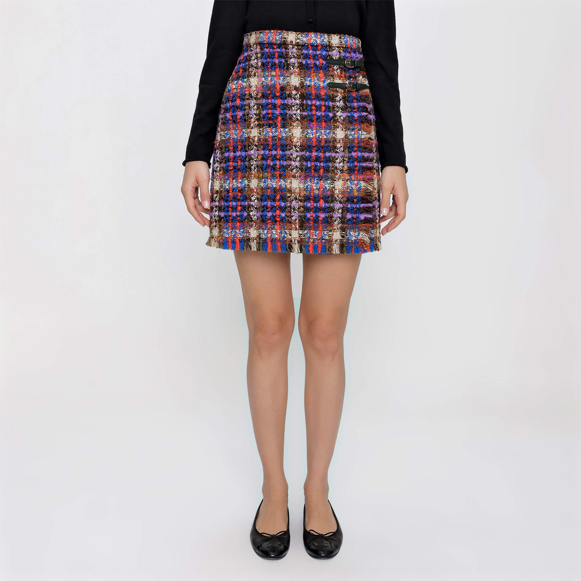 Gucci - Multicolor Belt Detail Tweed Skirt